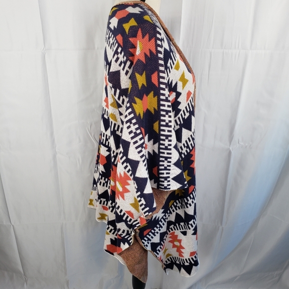 Wild Pearl Aztec Design Open Front Cardigan Lagen Look Blue & Orange Knit Sz M. - Picture 10 of 16